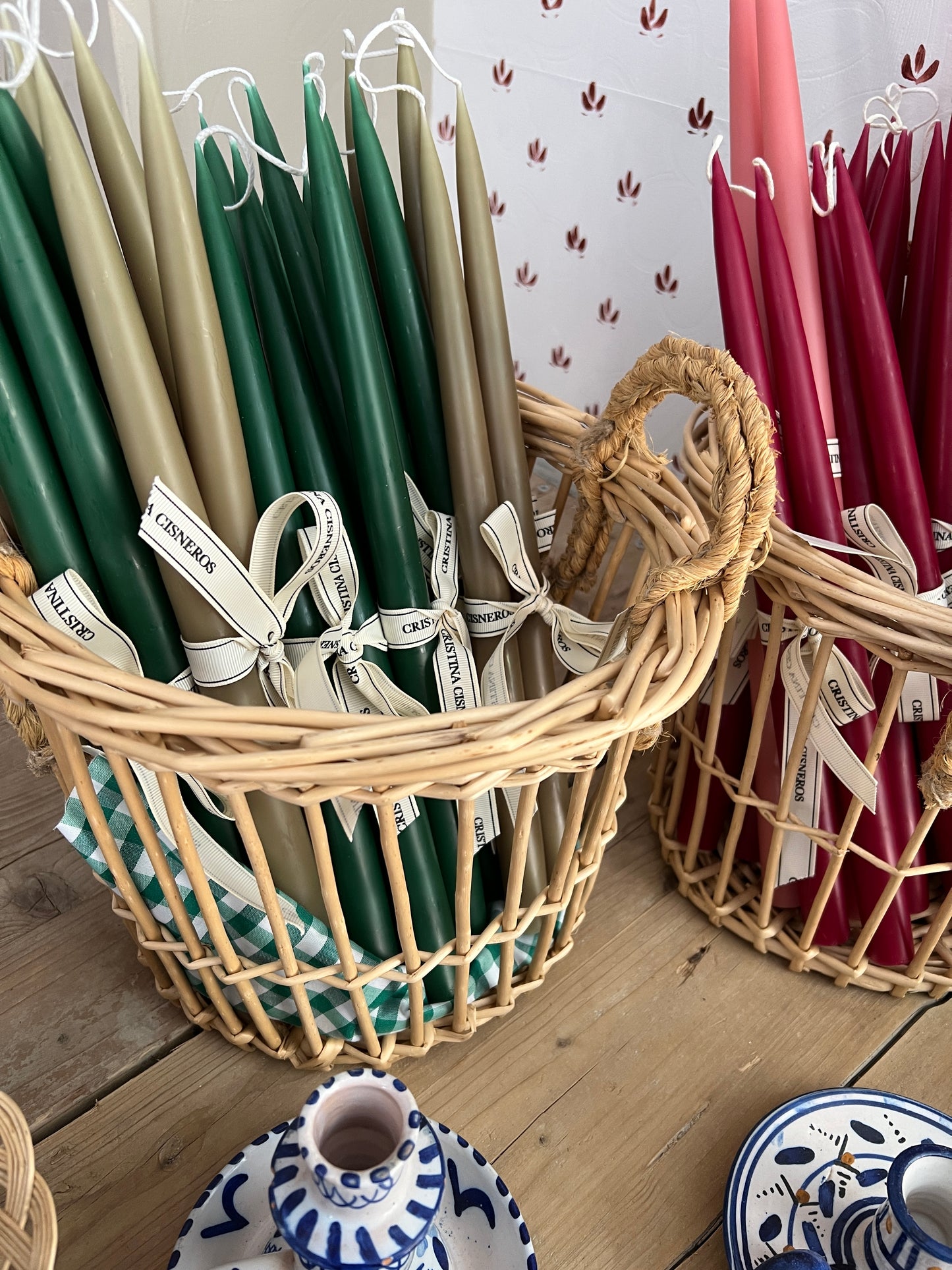 SET OF 2 TALL CONICAL DARK GREEN BOTTLE CANDLES