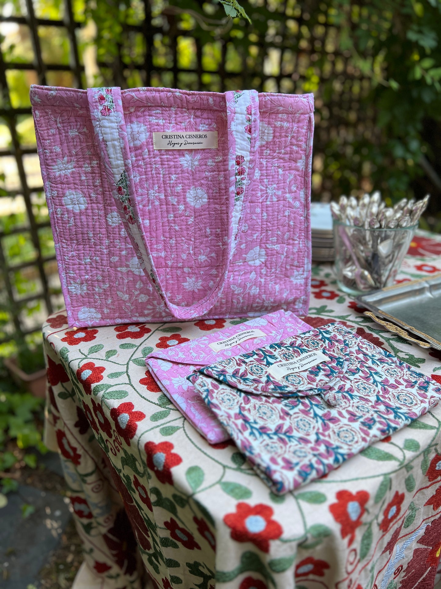 BOLSO PEQUEÑO BLOCK PRINT FLORAL ROSA AZUL
