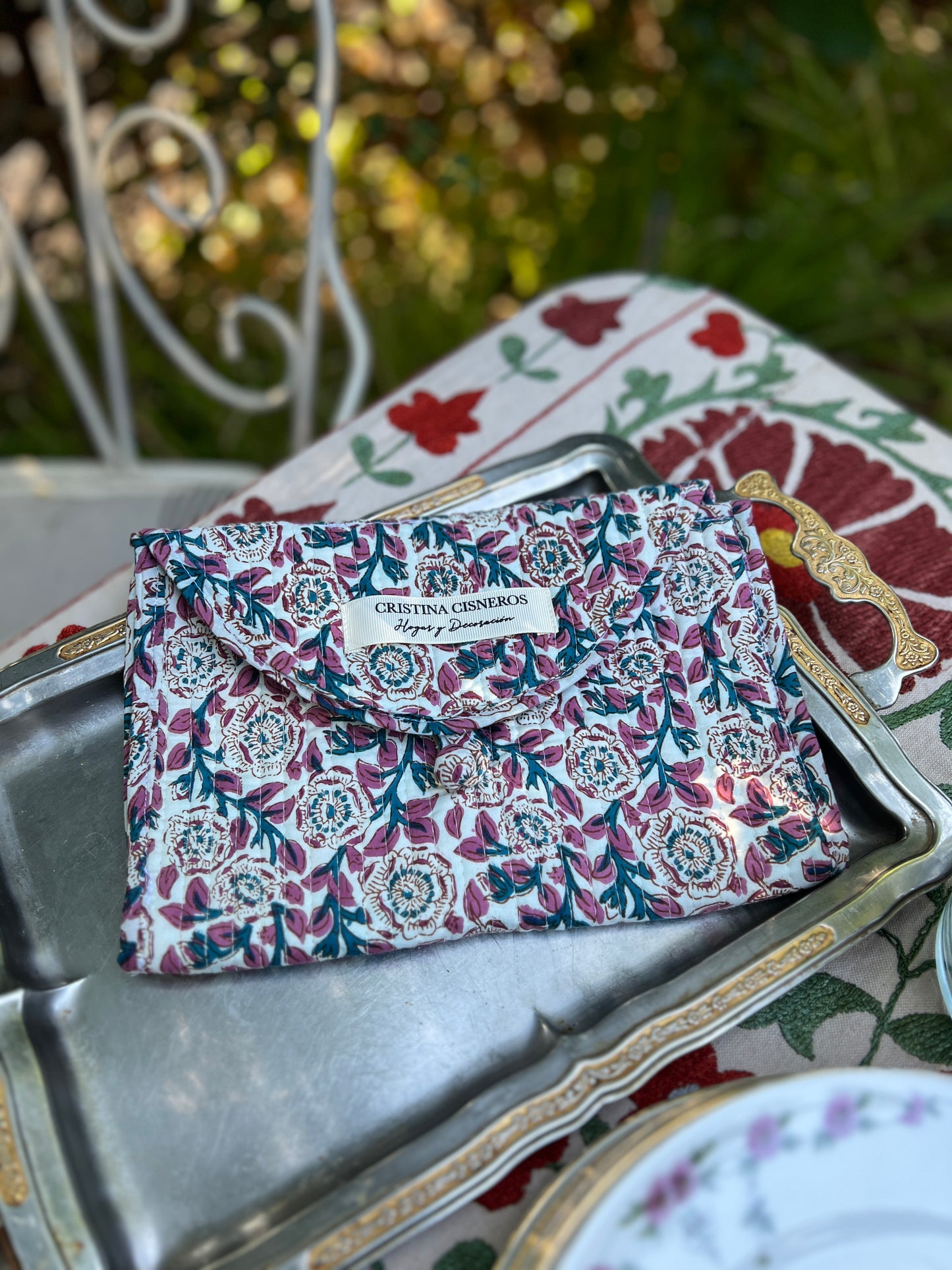 BOLSO PEQUEÑO BLOCK PRINT FLORAL ROSA AZUL