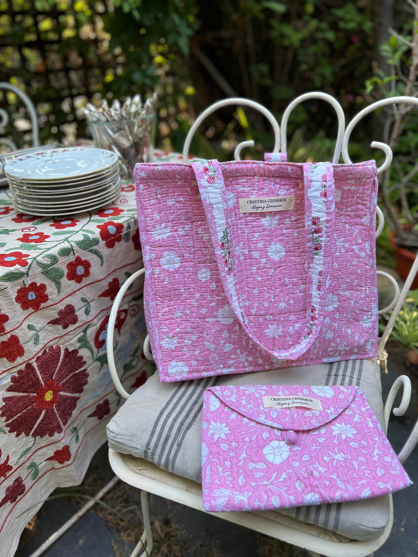 BLOCK PRINT FLORAL PINK SMALL BAG