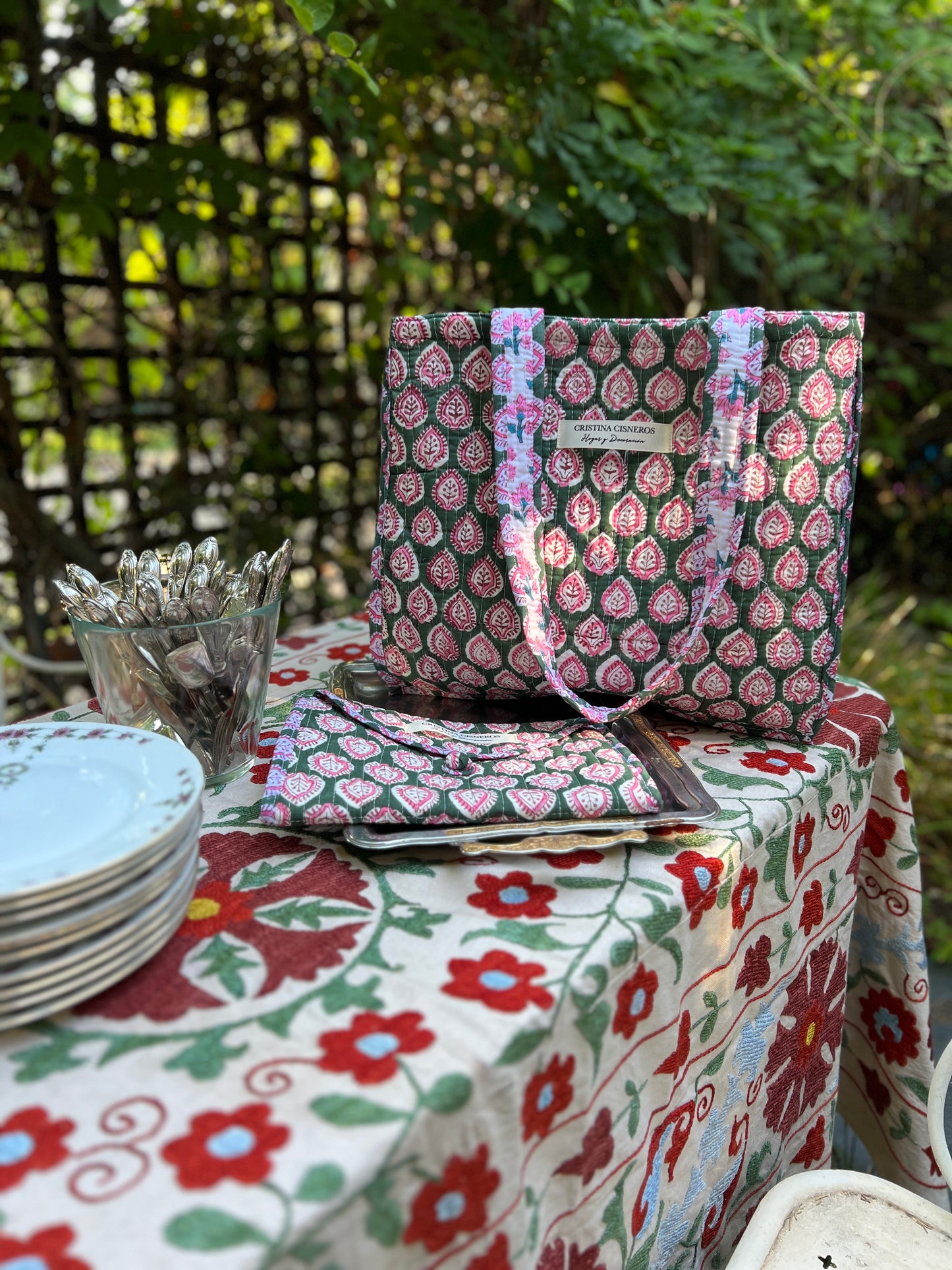 GREEN FLORAL BLOCK PRINT BAG