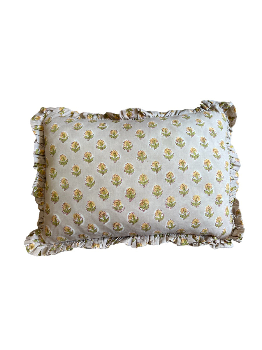 BLOCK PRINT FLORAL RUFFLE CUSHION