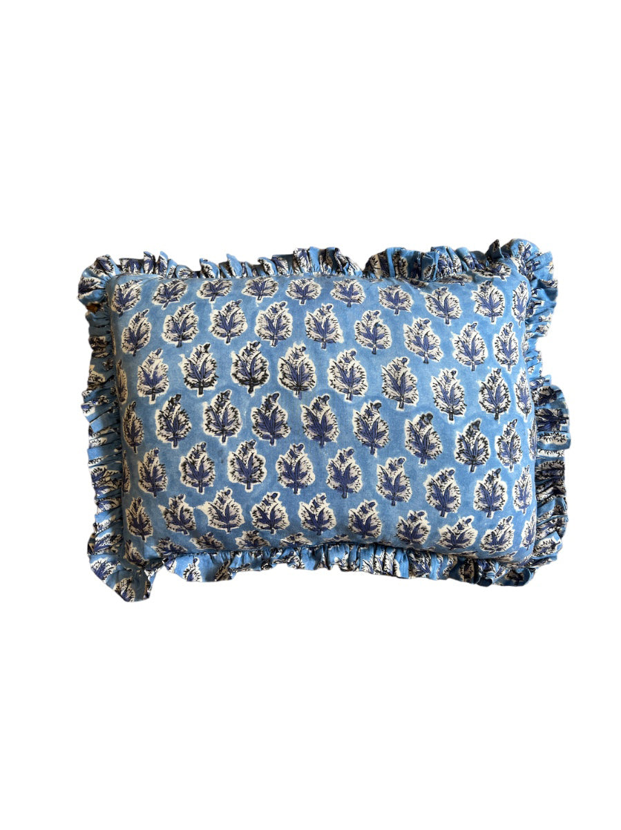 BLOCK PRINT FLORAL RUFFLE CUSHION