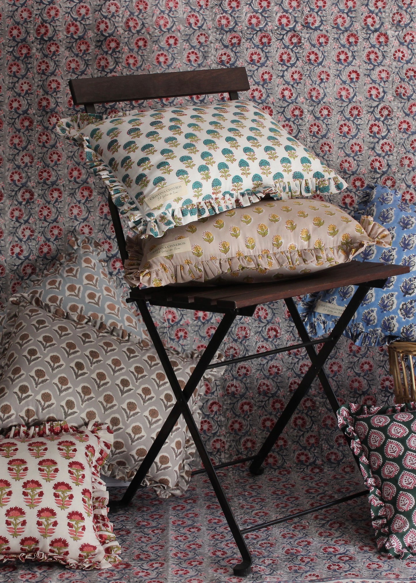 BLOCK PRINT FLORAL RUFFLE CUSHION