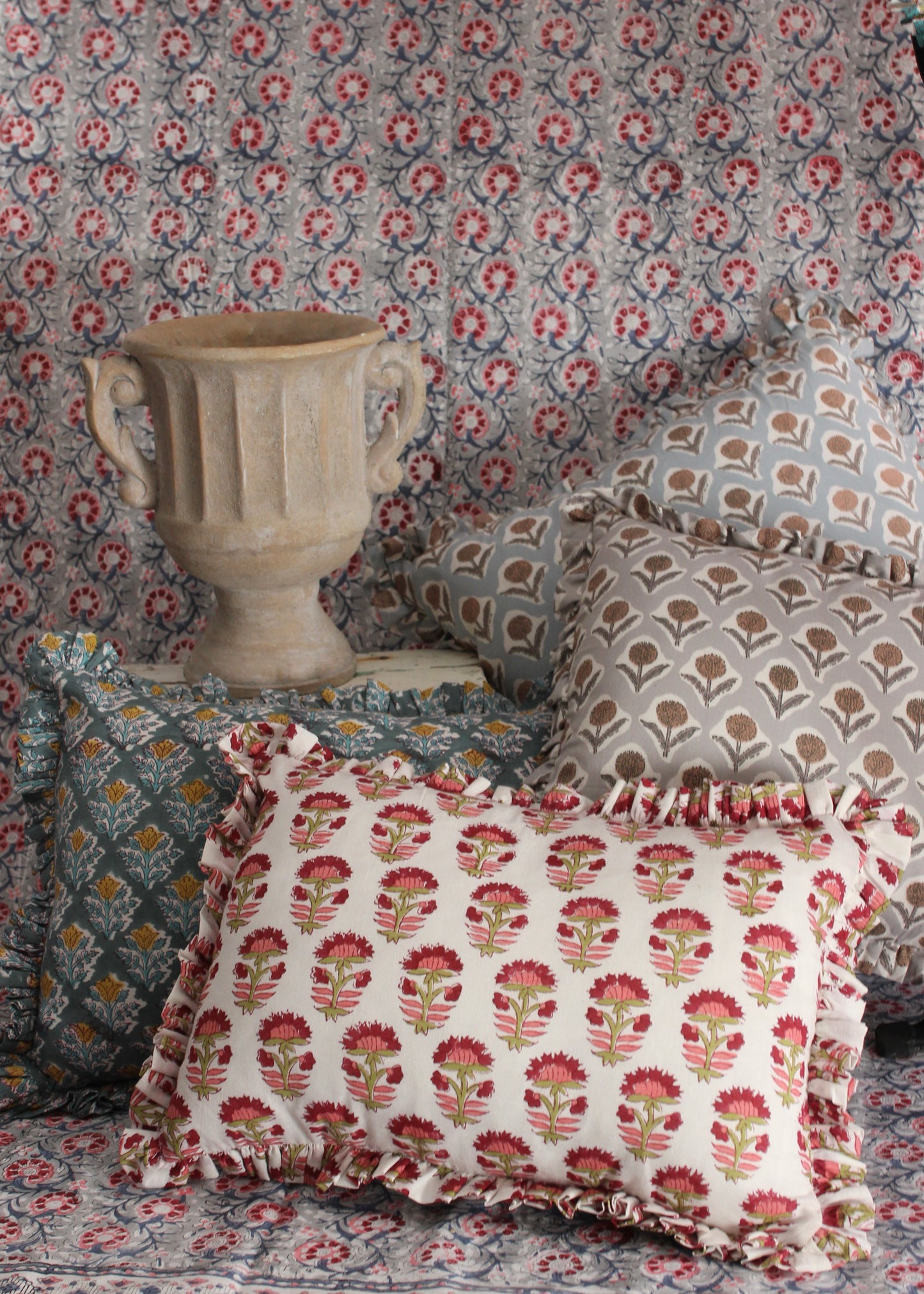 BLOCK PRINT FLORAL RUFFLE CUSHION