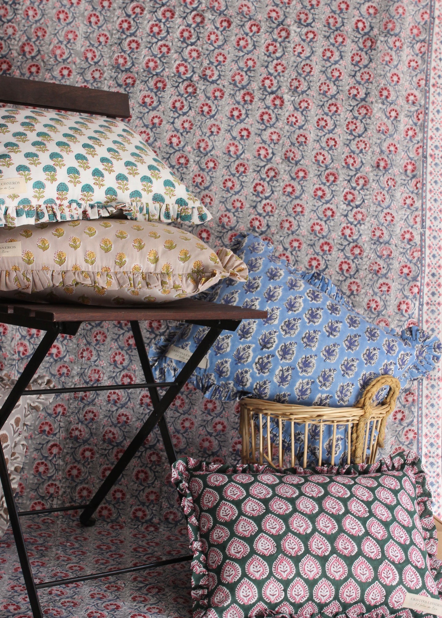 BLOCK PRINT FLORAL RUFFLE CUSHION