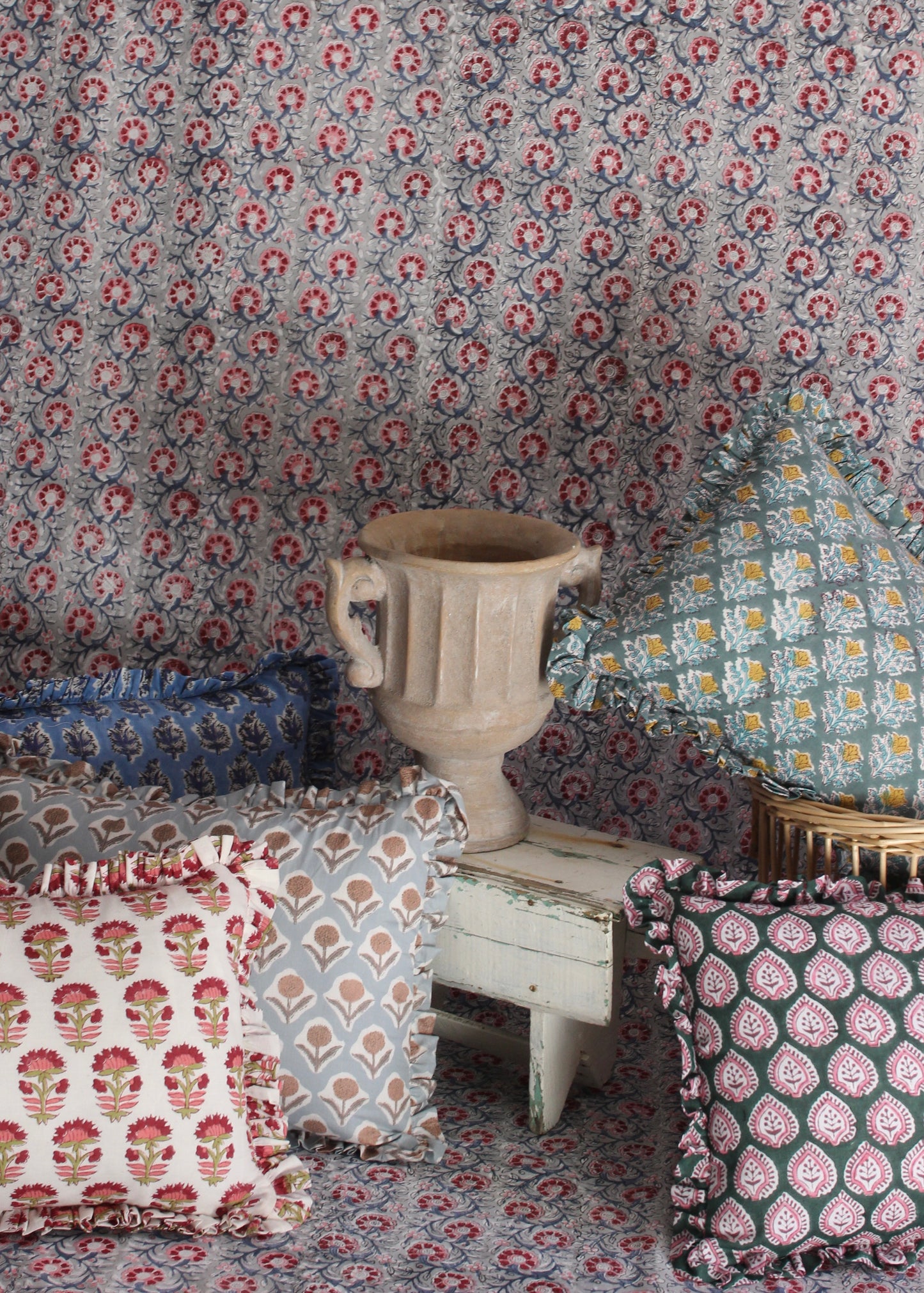 BLOCK PRINT FLORAL RUFFLE CUSHION