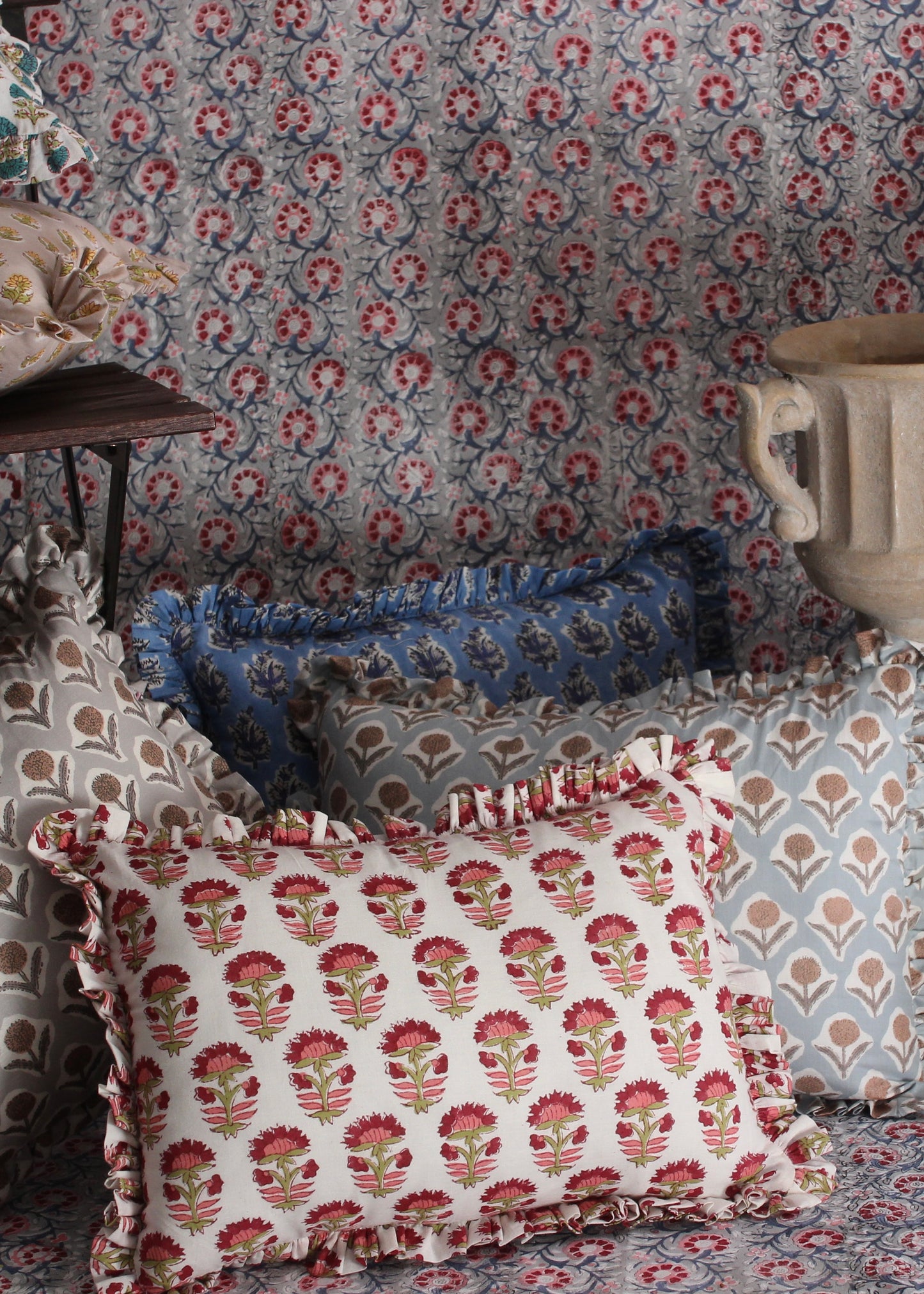 BLOCK PRINT FLORAL RUFFLE CUSHION