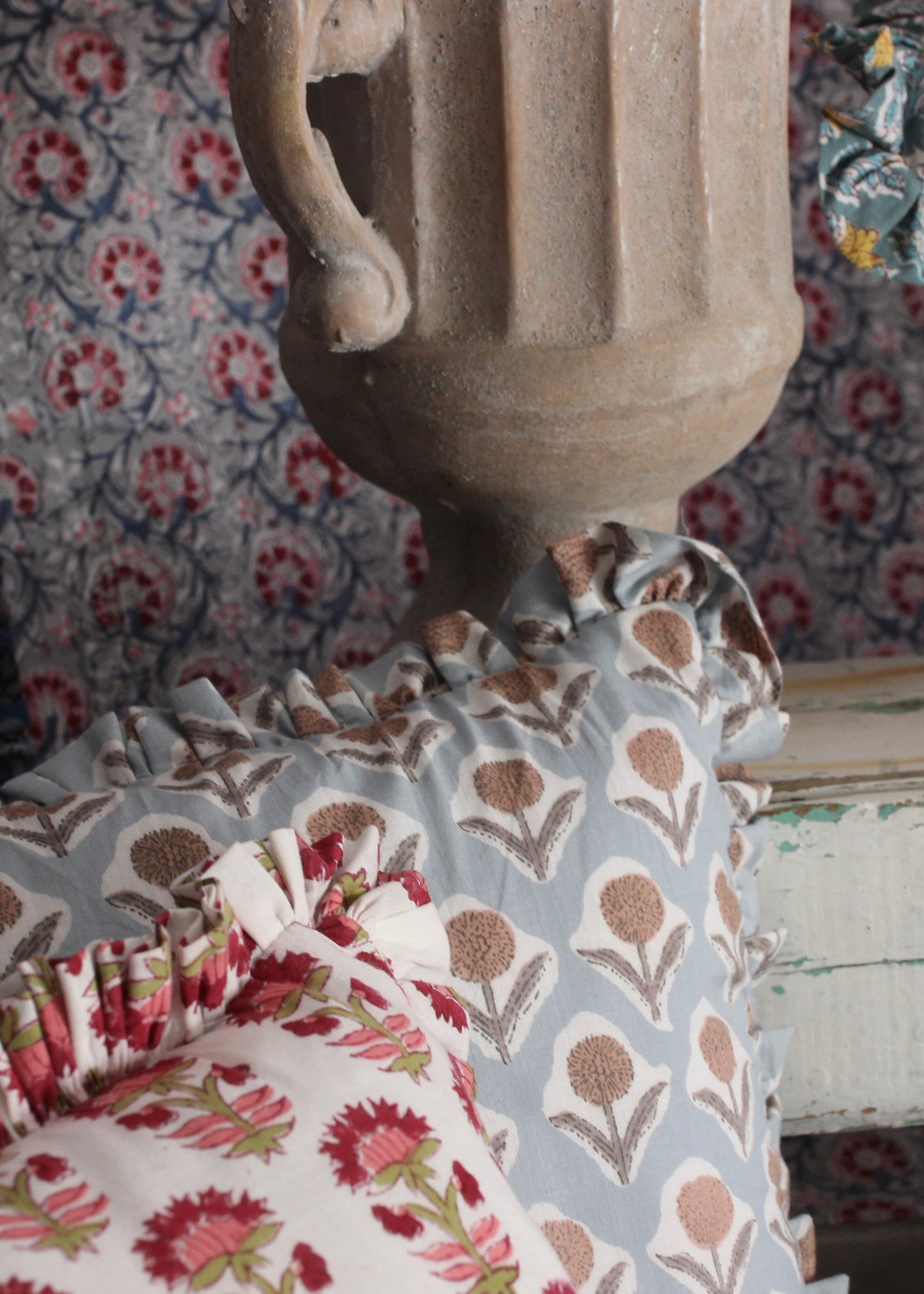 BLOCK PRINT FLORAL RUFFLE CUSHION