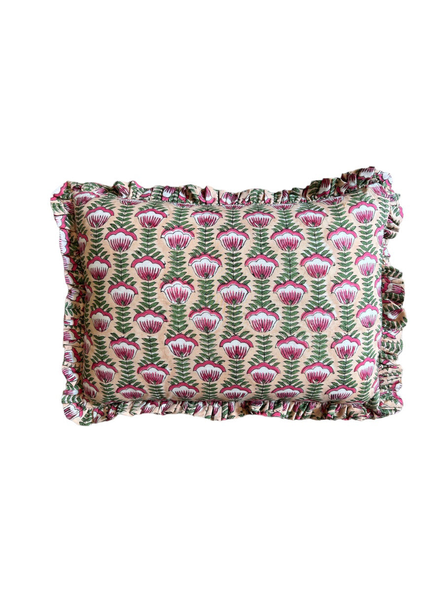 BLOCK PRINT FLORAL RUFFLE CUSHION