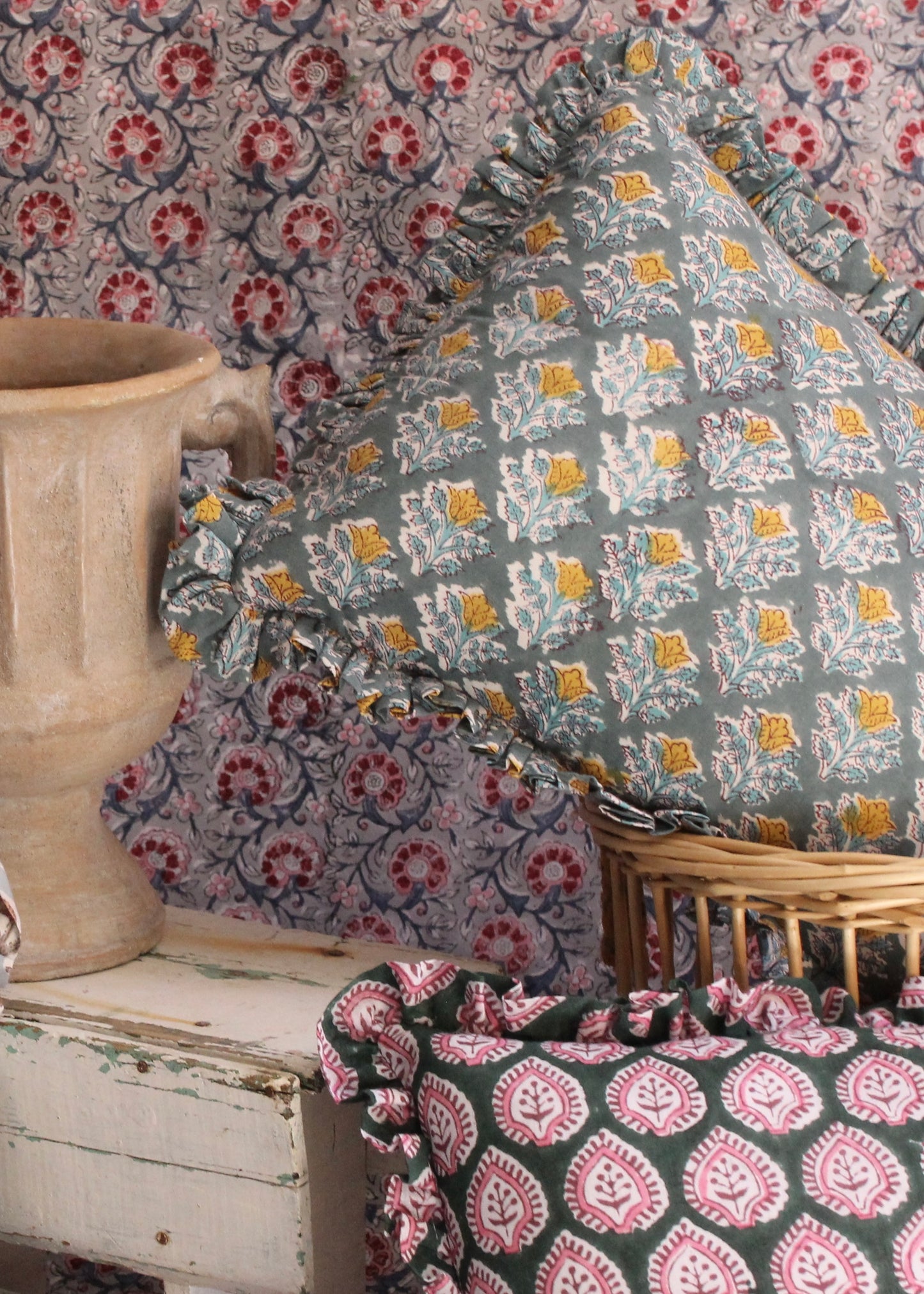 BLOCK PRINT FLORAL RUFFLE CUSHION