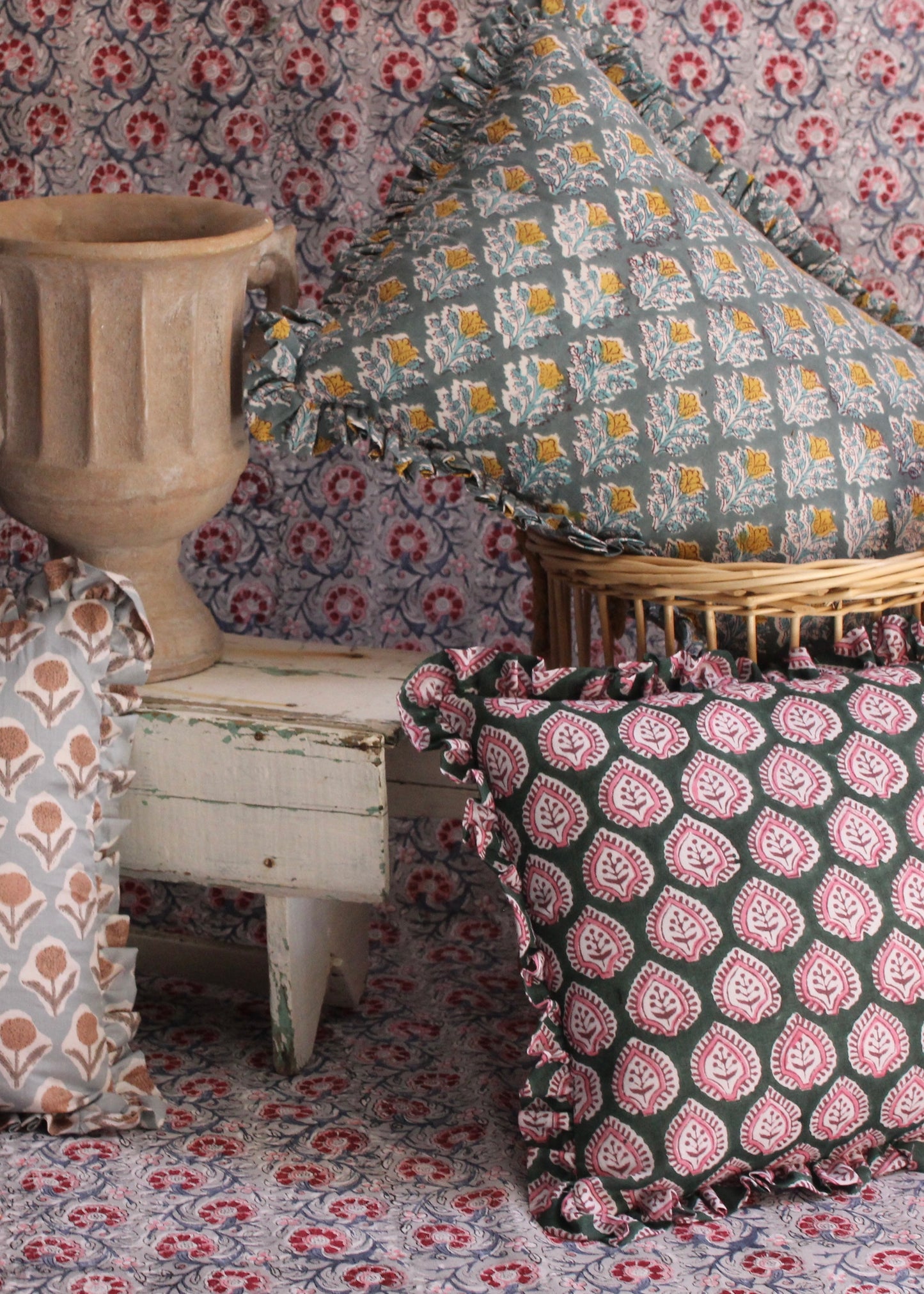 BLOCK PRINT FLORAL RUFFLE CUSHION