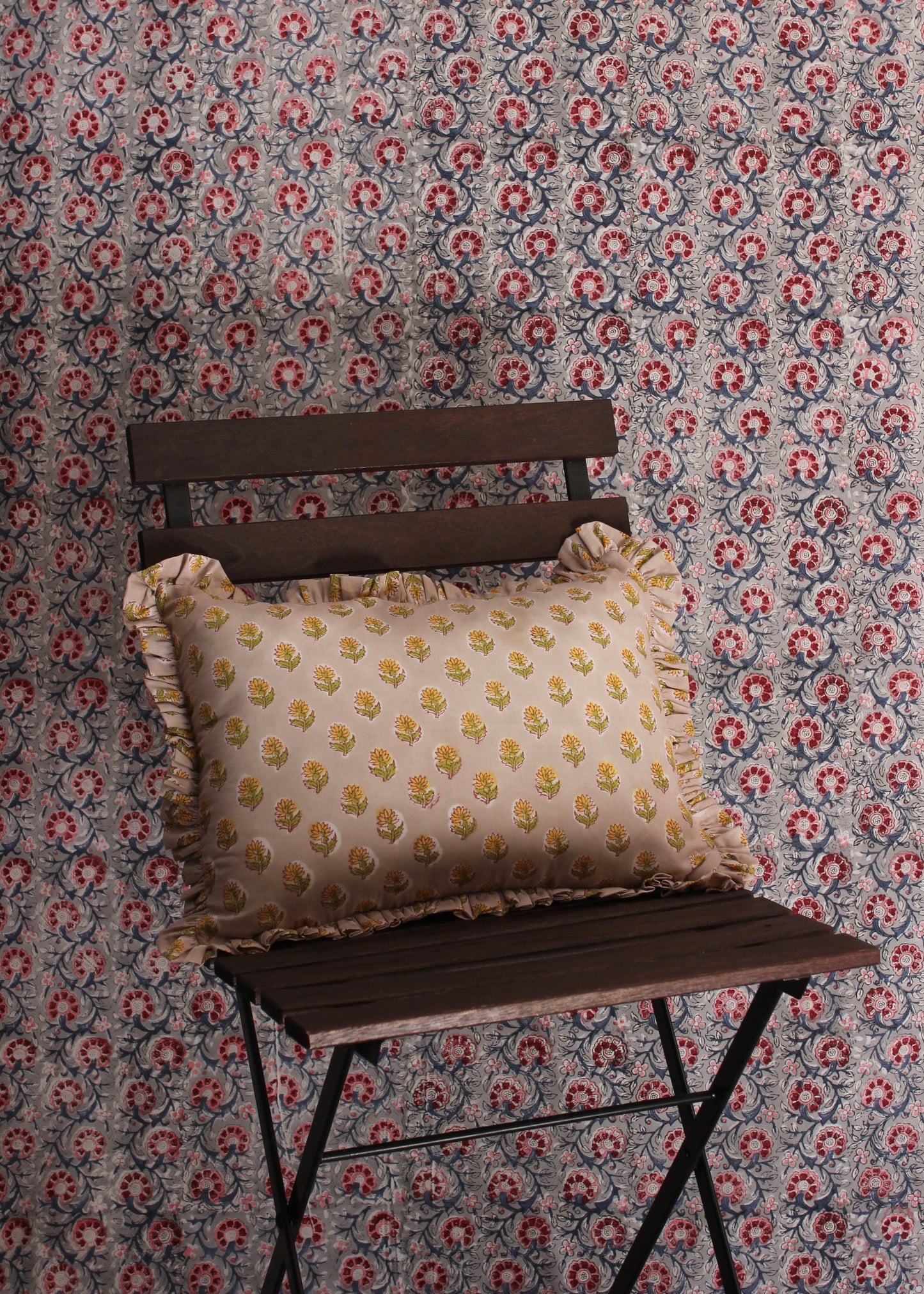 BLOCK PRINT FLORAL RUFFLE CUSHION