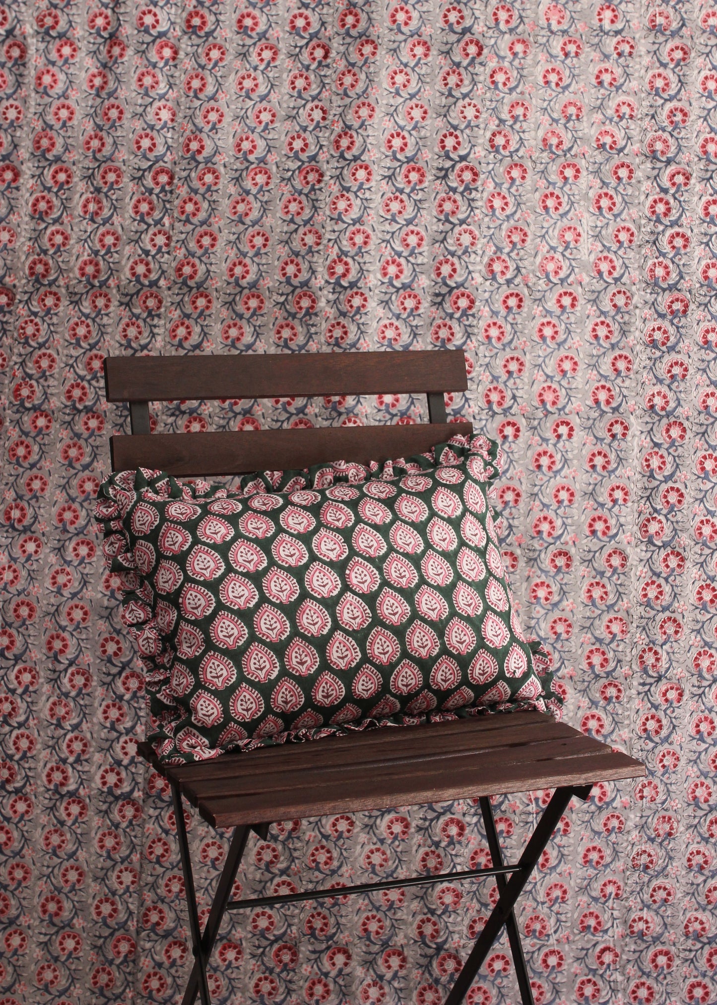 BLOCK PRINT FLORAL RUFFLE CUSHION