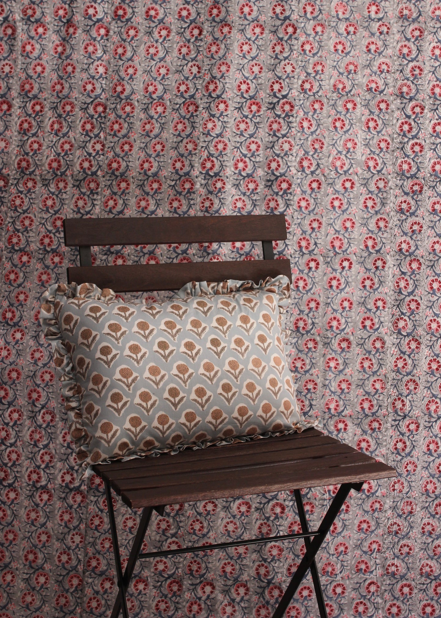 BLOCK PRINT FLORAL RUFFLE CUSHION