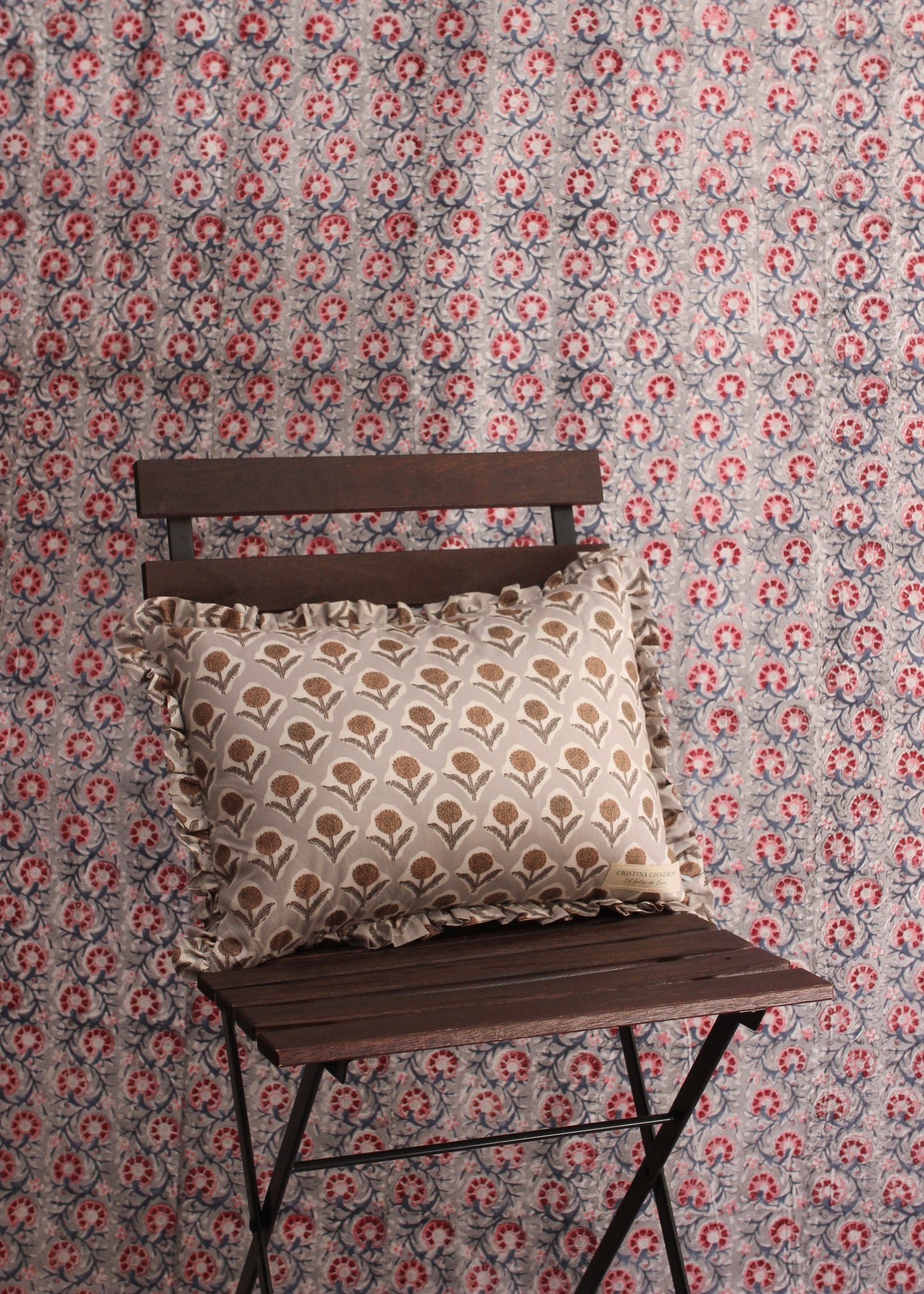 BLOCK PRINT FLORAL RUFFLE CUSHION