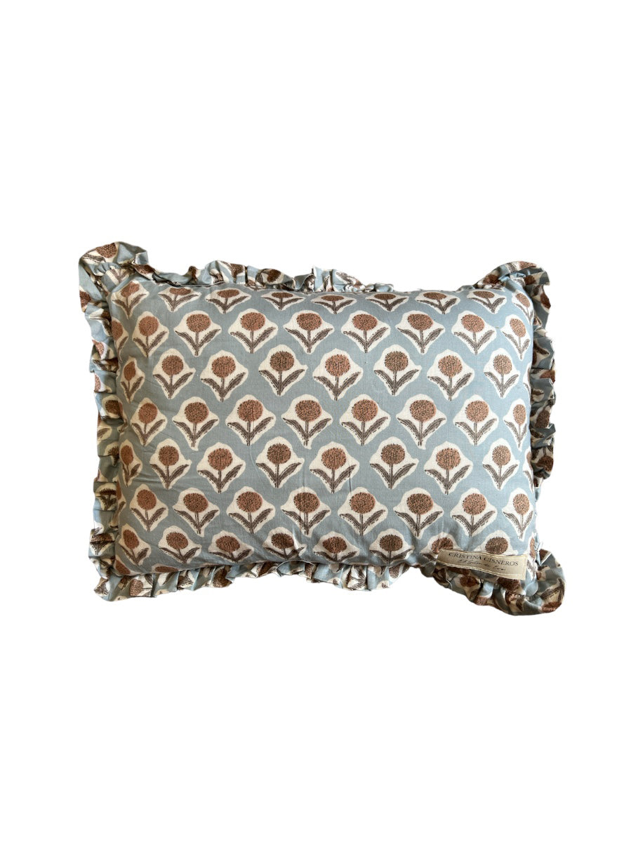 BLOCK PRINT FLORAL RUFFLE CUSHION