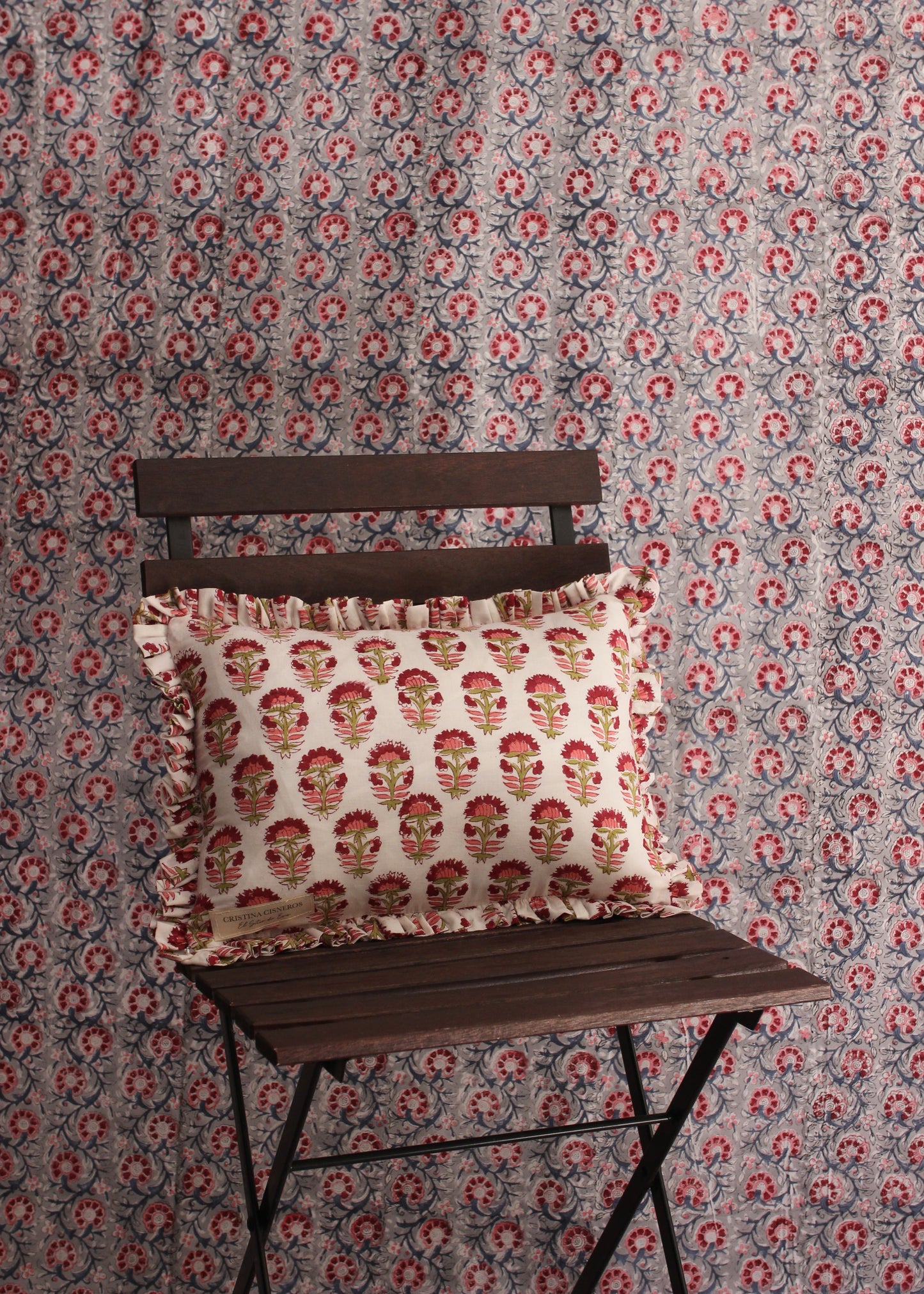 BLOCK PRINT FLORAL RUFFLE CUSHION
