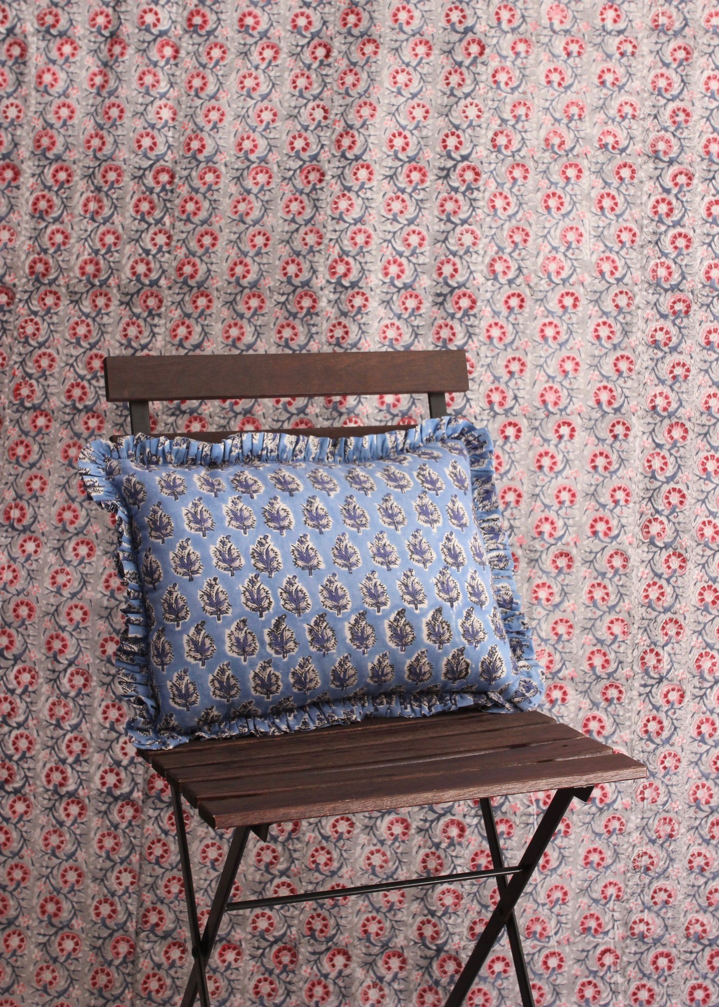 BLOCK PRINT FLORAL RUFFLE CUSHION