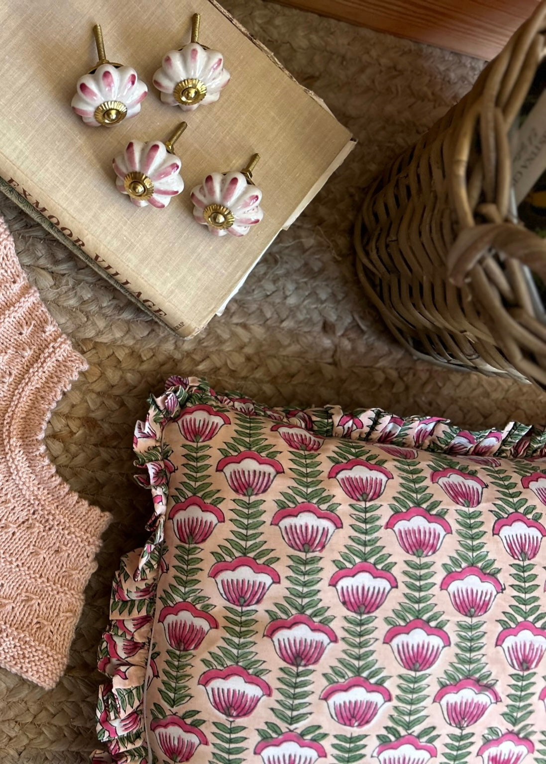 BLOCK PRINT FLORAL RUFFLE CUSHION