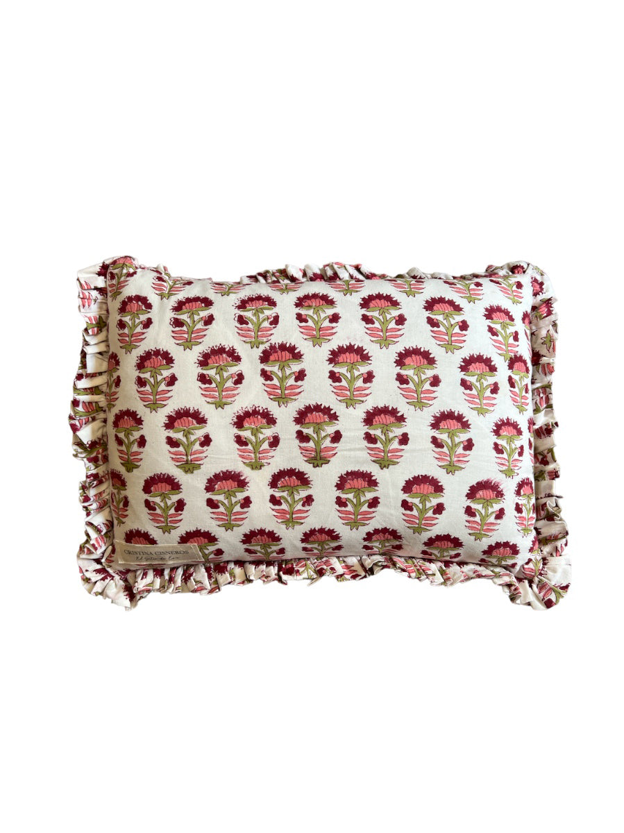 BLOCK PRINT FLORAL RUFFLE CUSHION