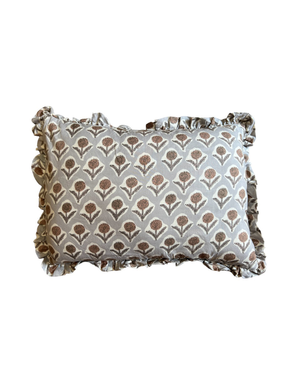 BLOCK PRINT FLORAL RUFFLE CUSHION