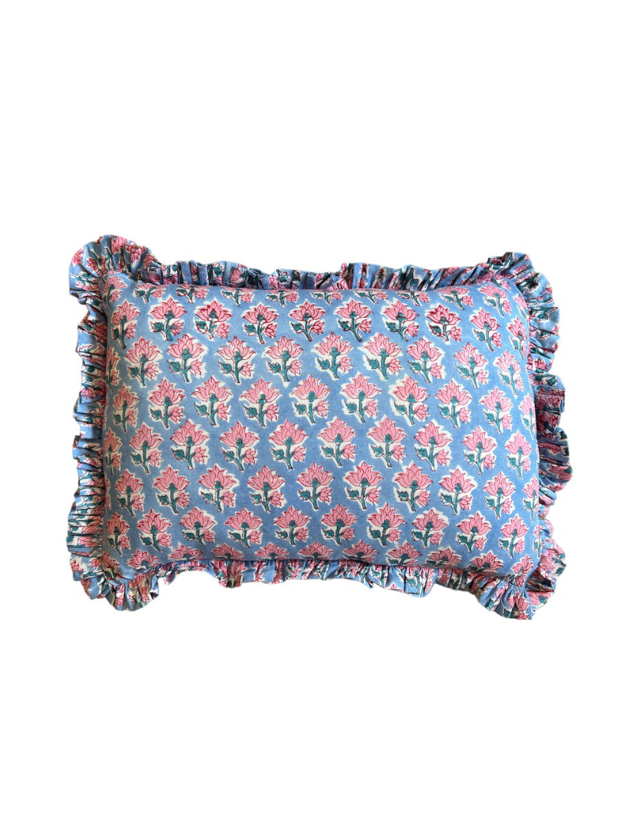 BLOCK PRINT FLORAL RUFFLE CUSHION