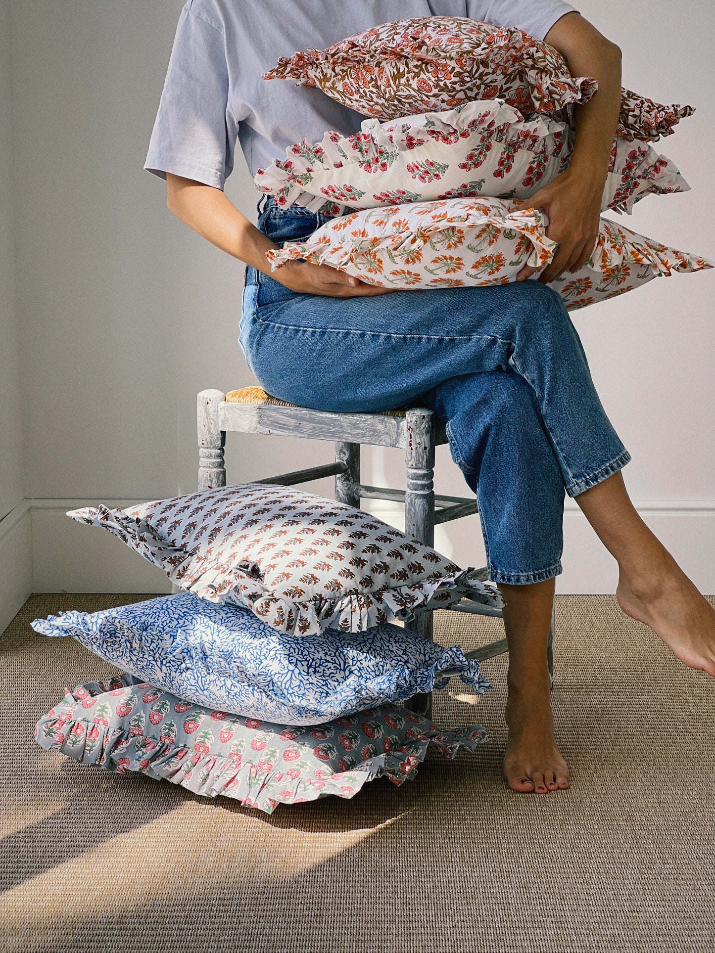 BLOCK PRINT FLORAL Ruffle Cushion XXX