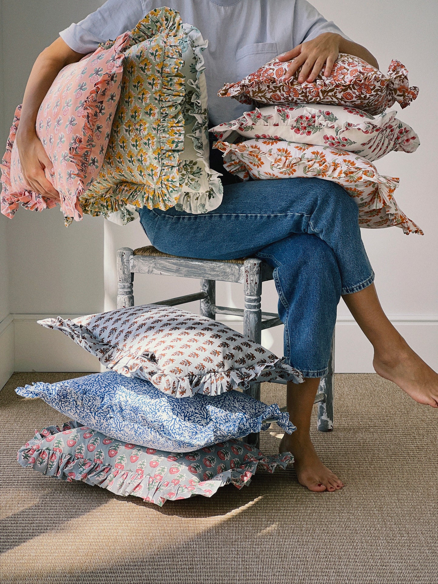 DARK BLUE FLORAL BLOCK PRINT RUFFLE CUSHION
