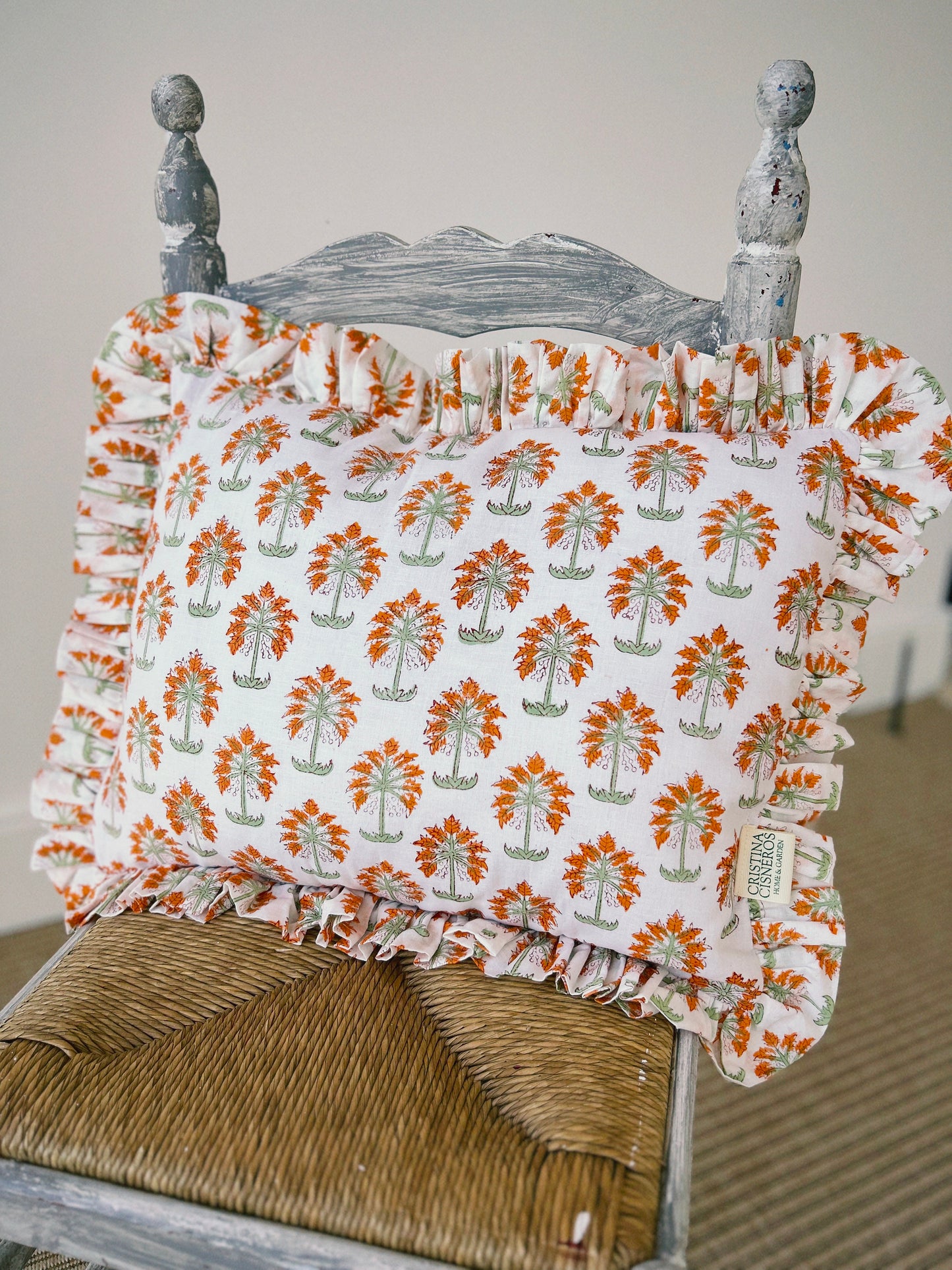 BLOCK PRINT FLORAL Ruffle Cushion XXX