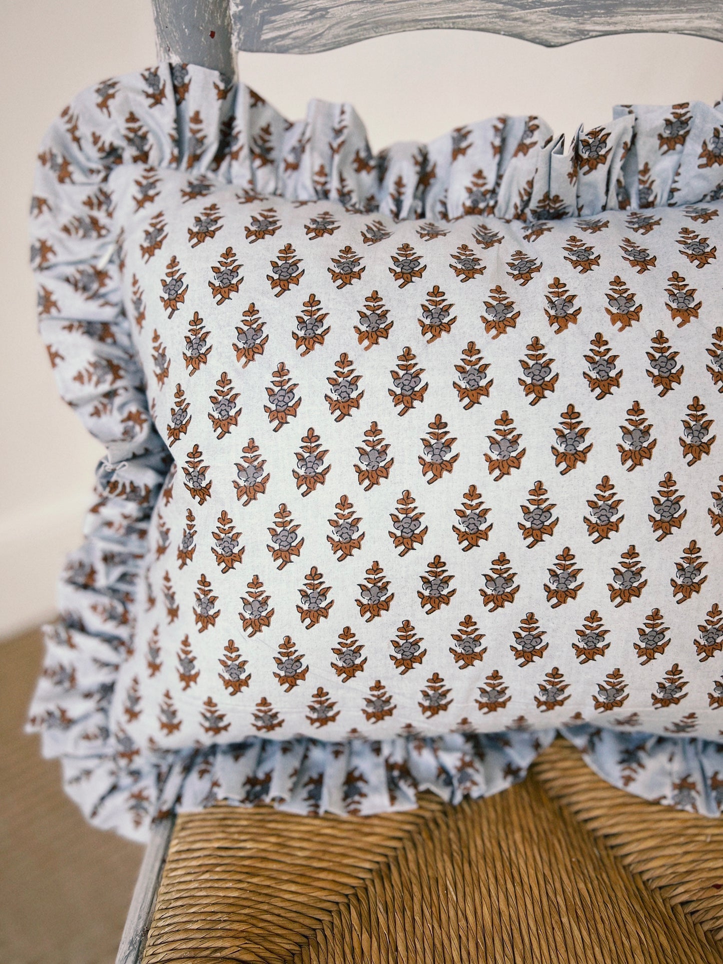 BLOCK PRINT FLORAL Ruffle Cushion XXX