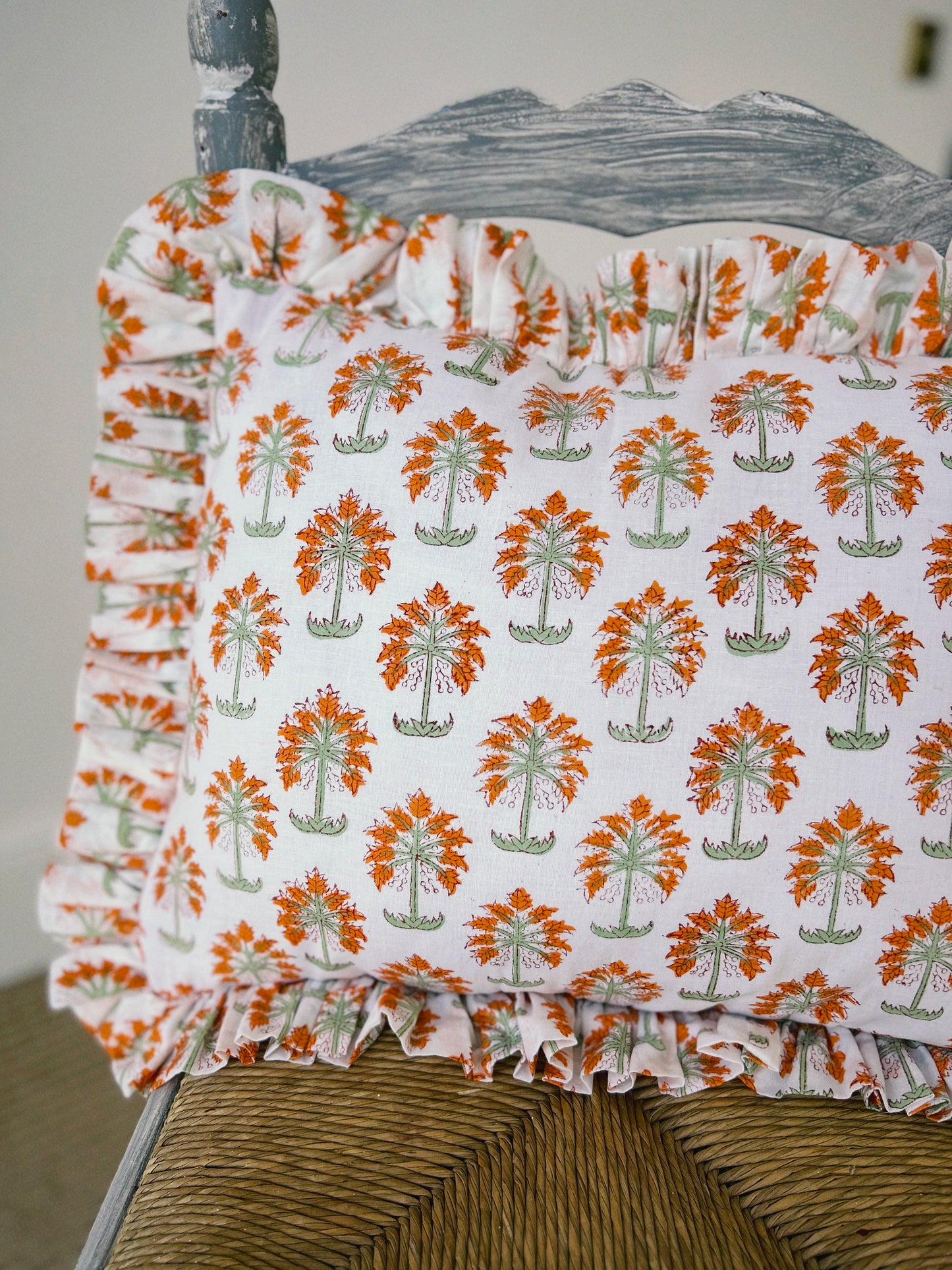 BLOCK PRINT FLORAL Ruffle Cushion XXX