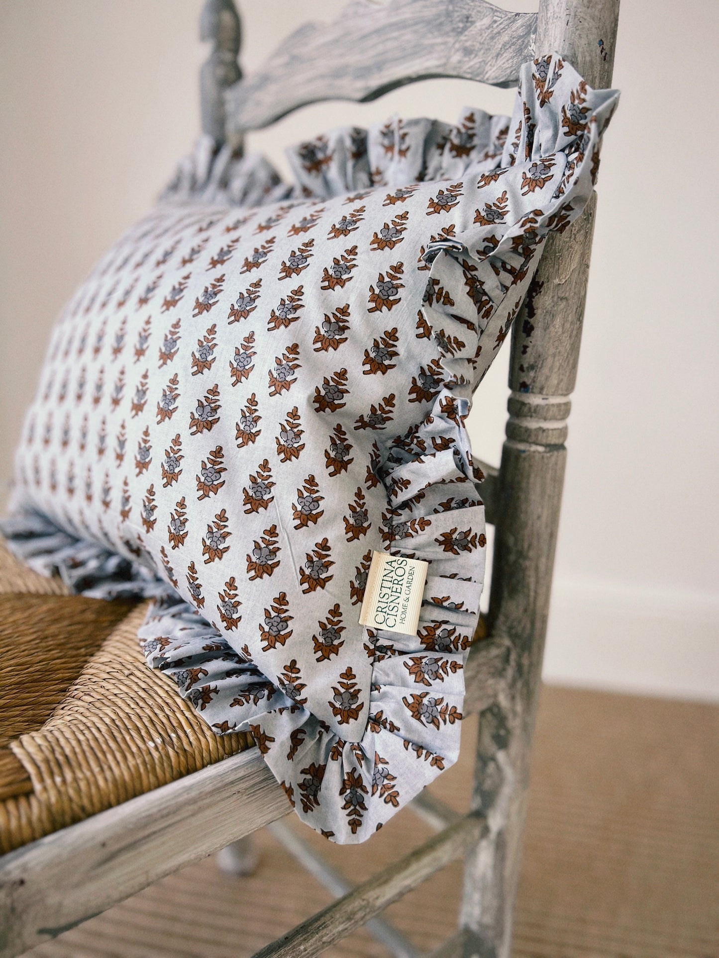 BLOCK PRINT FLORAL Ruffle Cushion XXX