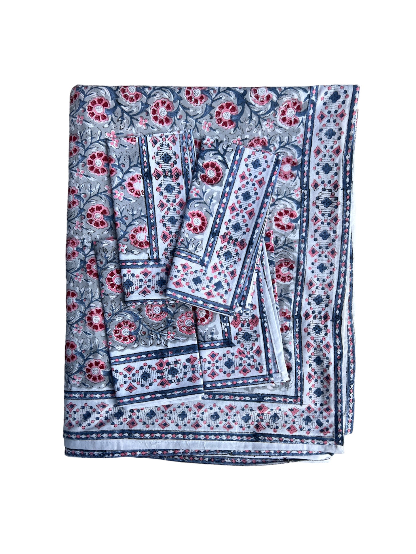 BLOCK PRINT BLUE RED TABLECLOTH AND NAPKINS SET