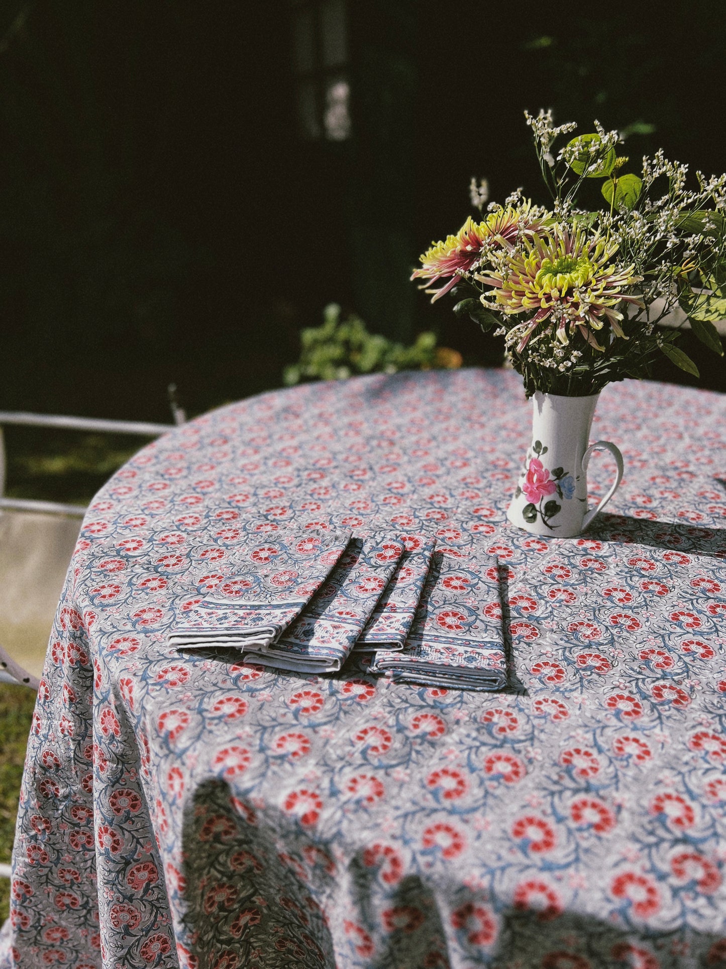 BLOCK PRINT BLUE RED TABLECLOTH AND NAPKINS SET