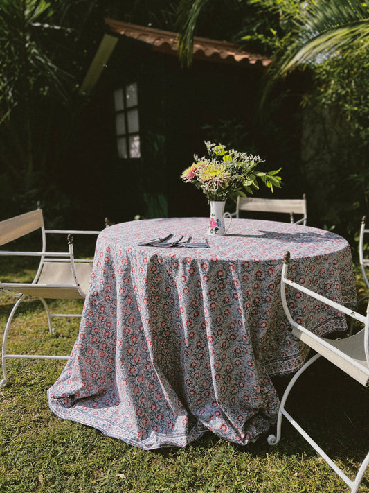 BLOCK PRINT BLUE RED TABLECLOTH AND NAPKINS SET