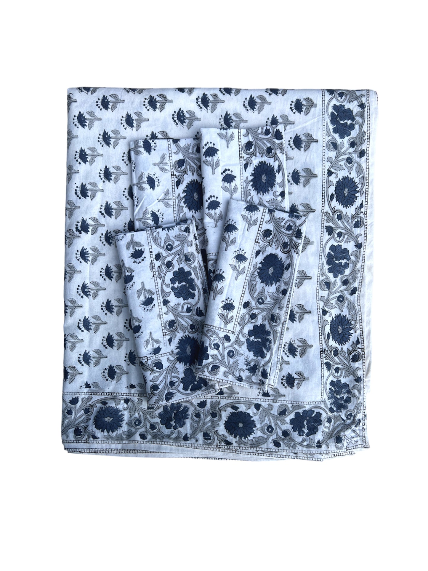 TABLECLOTH AND NAPKINS SET BLOCK PRINT WHITE BLUE