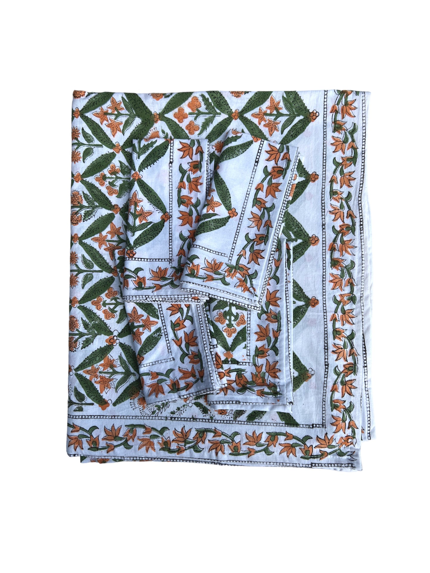 BLOCK PRINT TABLECLOTH AND NAPKINS SET GREEN ORANGE