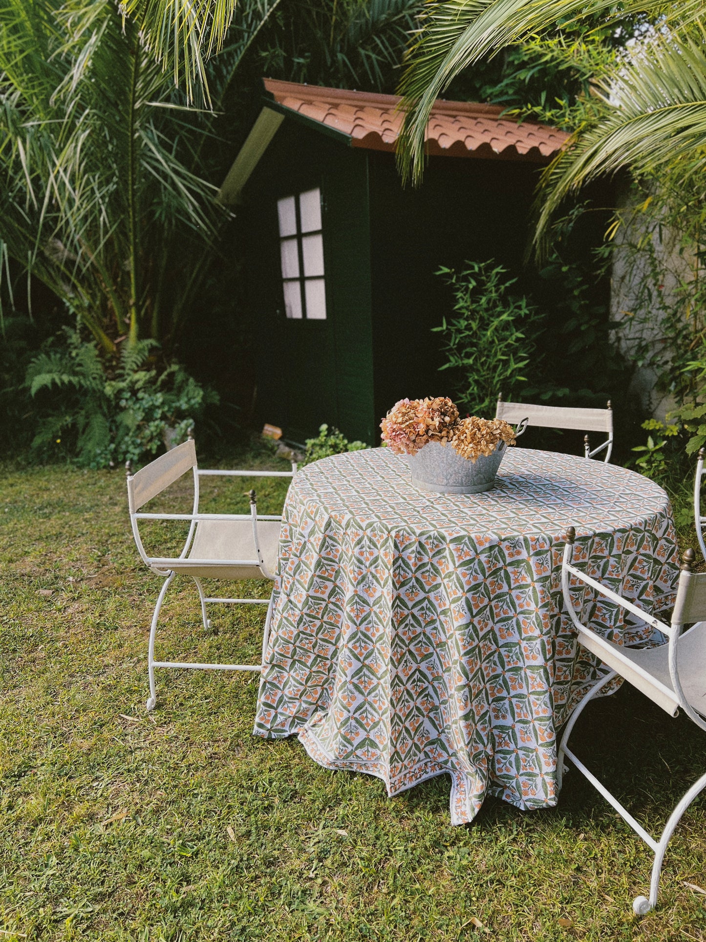 BLOCK PRINT TABLECLOTH AND NAPKINS SET GREEN ORANGE