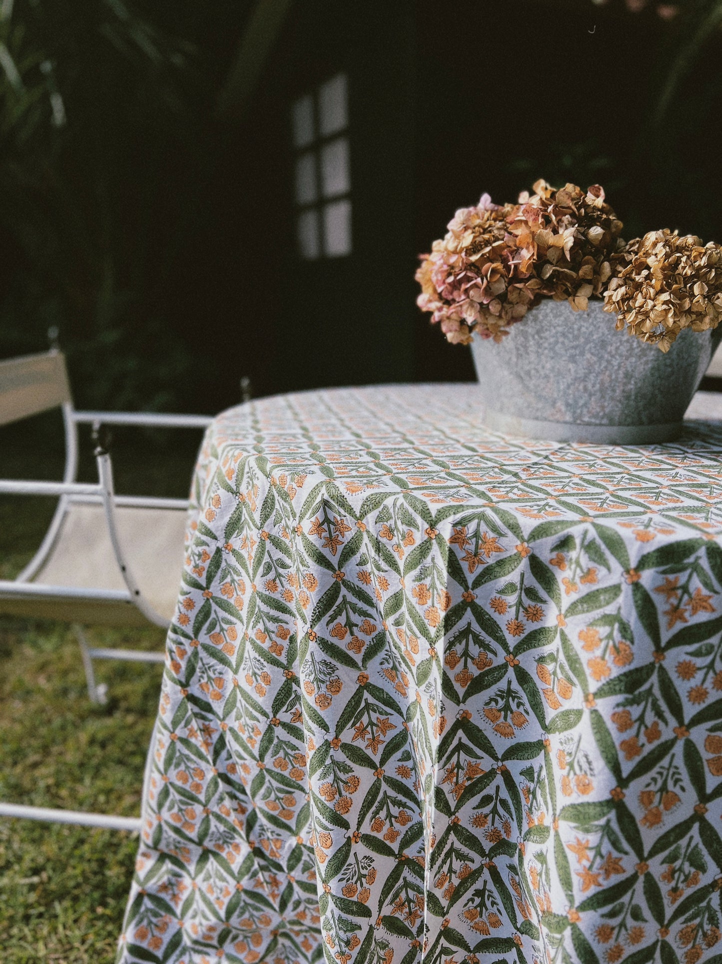 BLOCK PRINT TABLECLOTH AND NAPKINS SET GREEN ORANGE