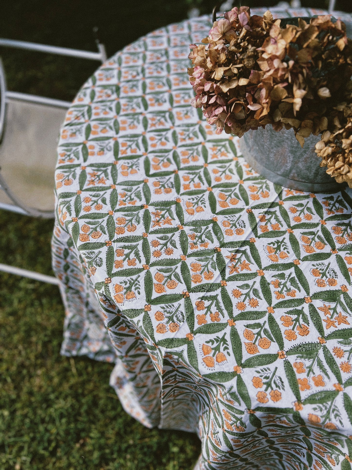 BLOCK PRINT TABLECLOTH AND NAPKINS SET GREEN ORANGE