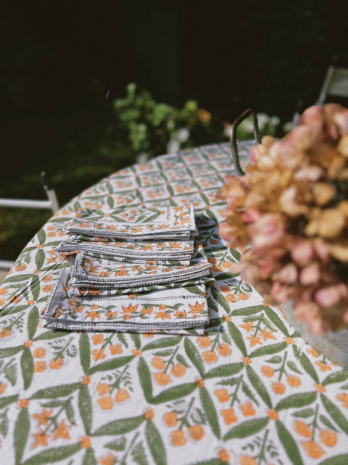 BLOCK PRINT TABLECLOTH AND NAPKINS SET GREEN ORANGE