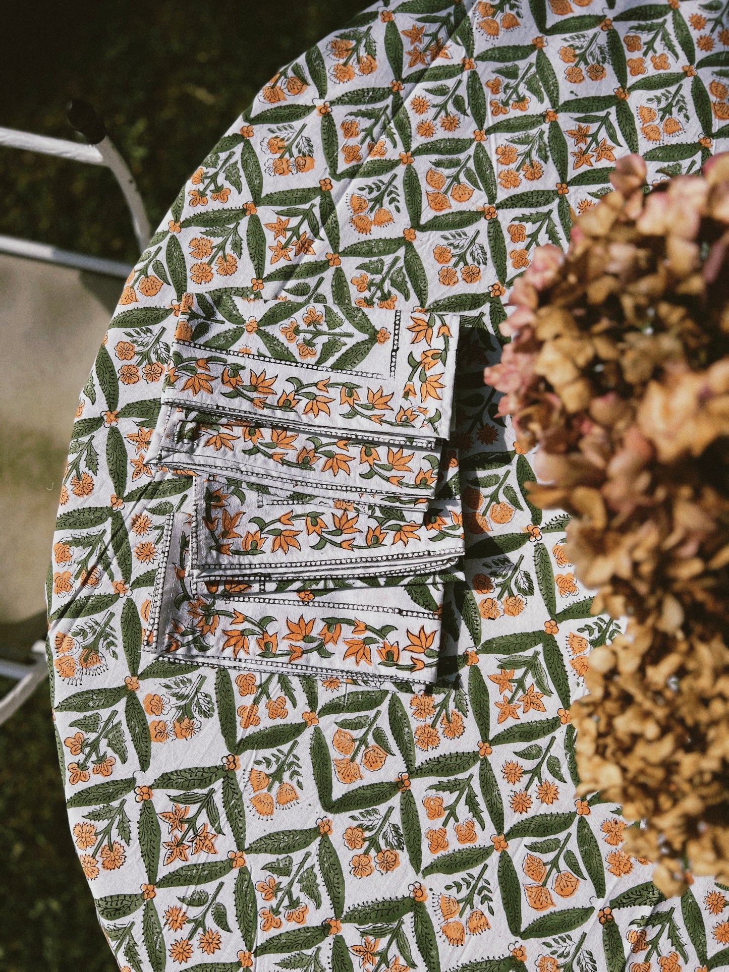 BLOCK PRINT TABLECLOTH AND NAPKINS SET GREEN ORANGE