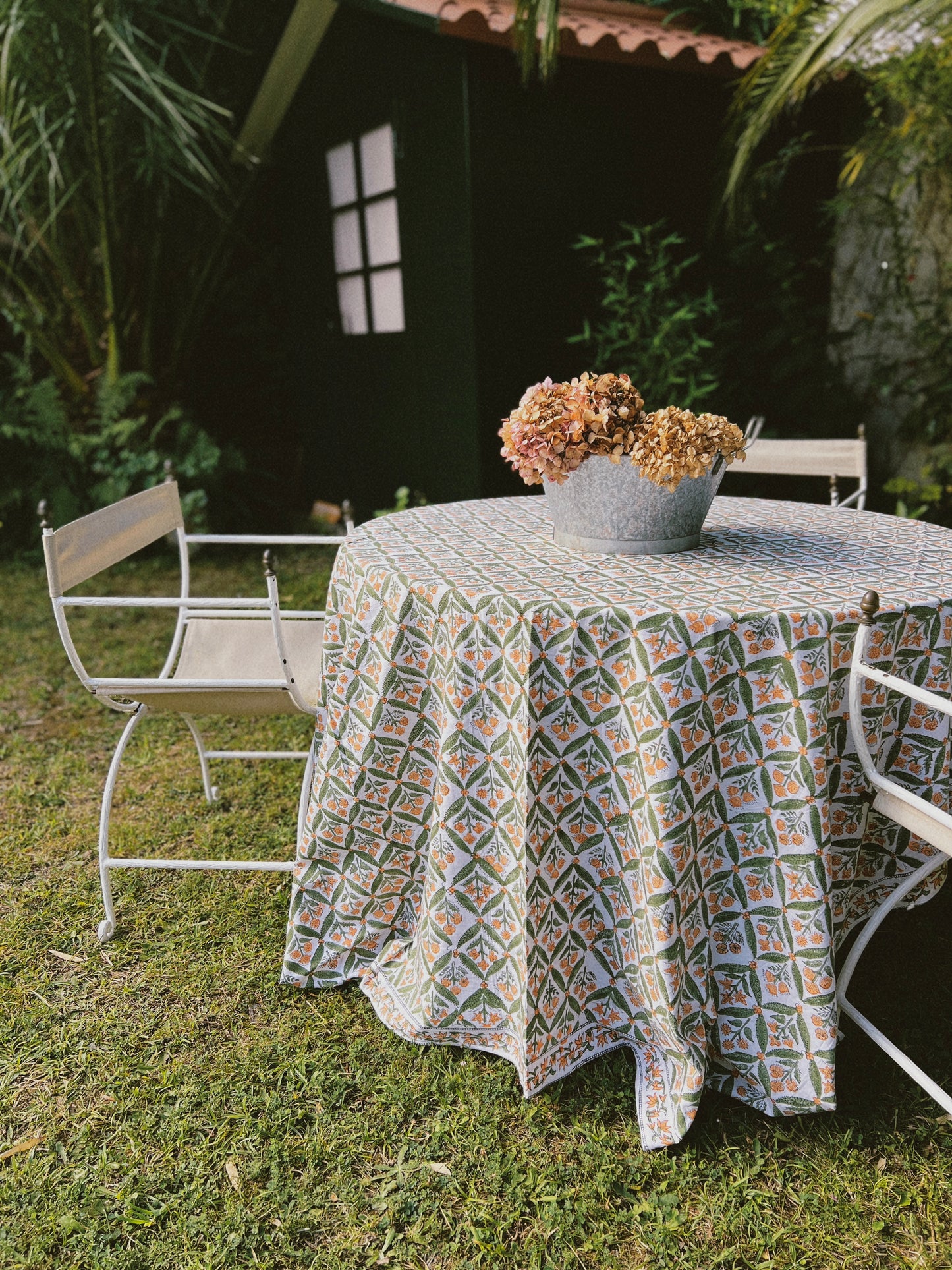 BLOCK PRINT TABLECLOTH AND NAPKINS SET GREEN ORANGE