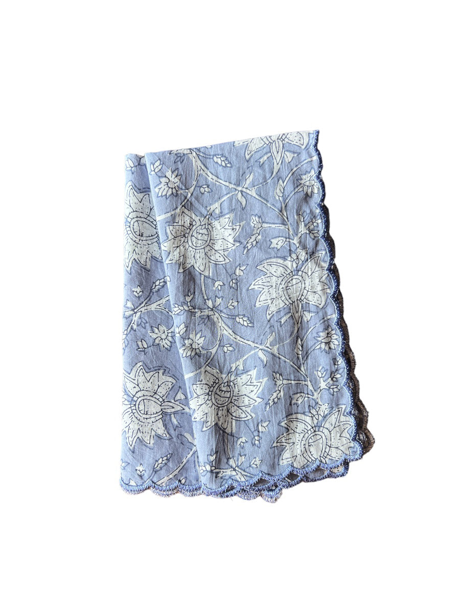 SET OF 2 BLOCK PRINT COTTON NAPKINS WITH SKY BLUE WAVE FESTON