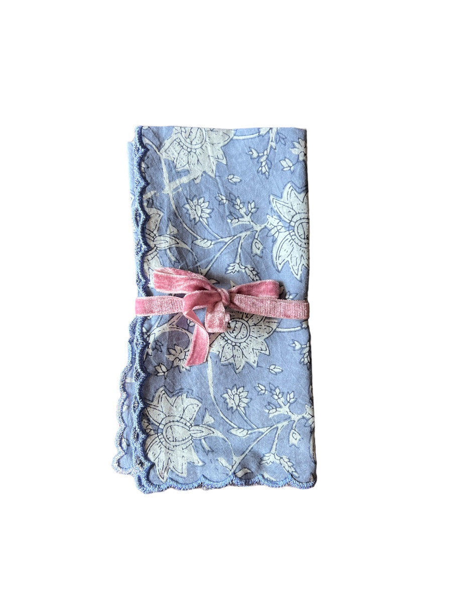 SET OF 2 BLOCK PRINT COTTON NAPKINS WITH SKY BLUE WAVE FESTON