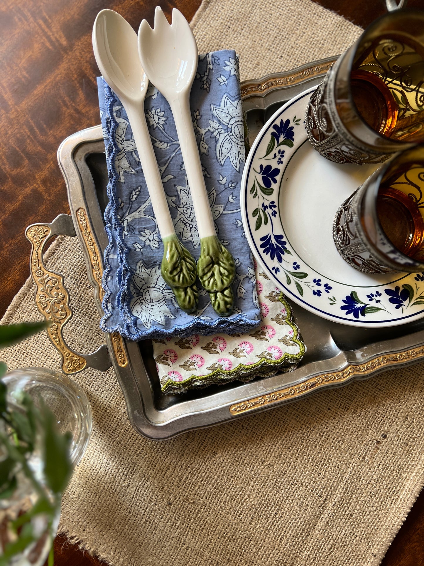 SET OF 2 BLOCK PRINT COTTON NAPKINS WITH SKY BLUE WAVE FESTON