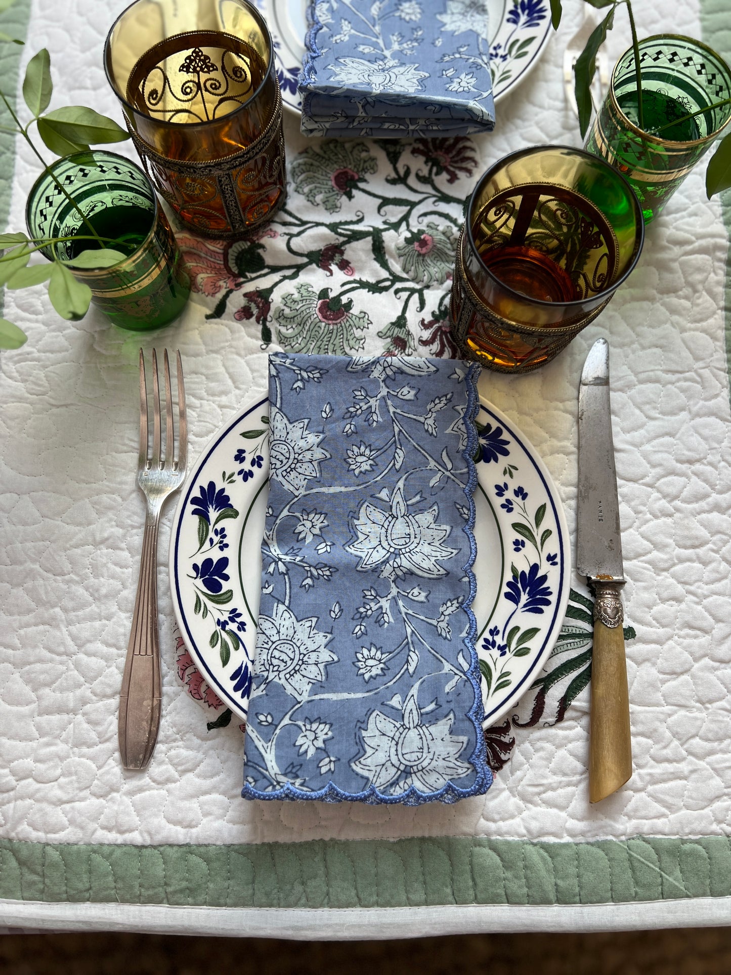 SET OF 2 BLOCK PRINT COTTON NAPKINS WITH SKY BLUE WAVE FESTON