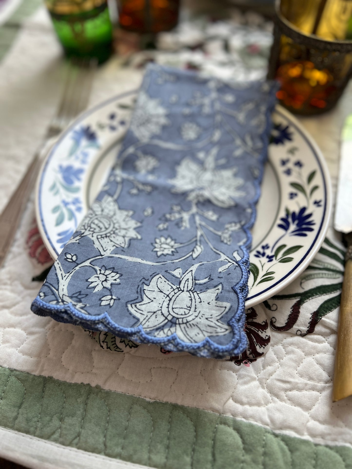 SET OF 2 BLOCK PRINT COTTON NAPKINS WITH SKY BLUE WAVE FESTON