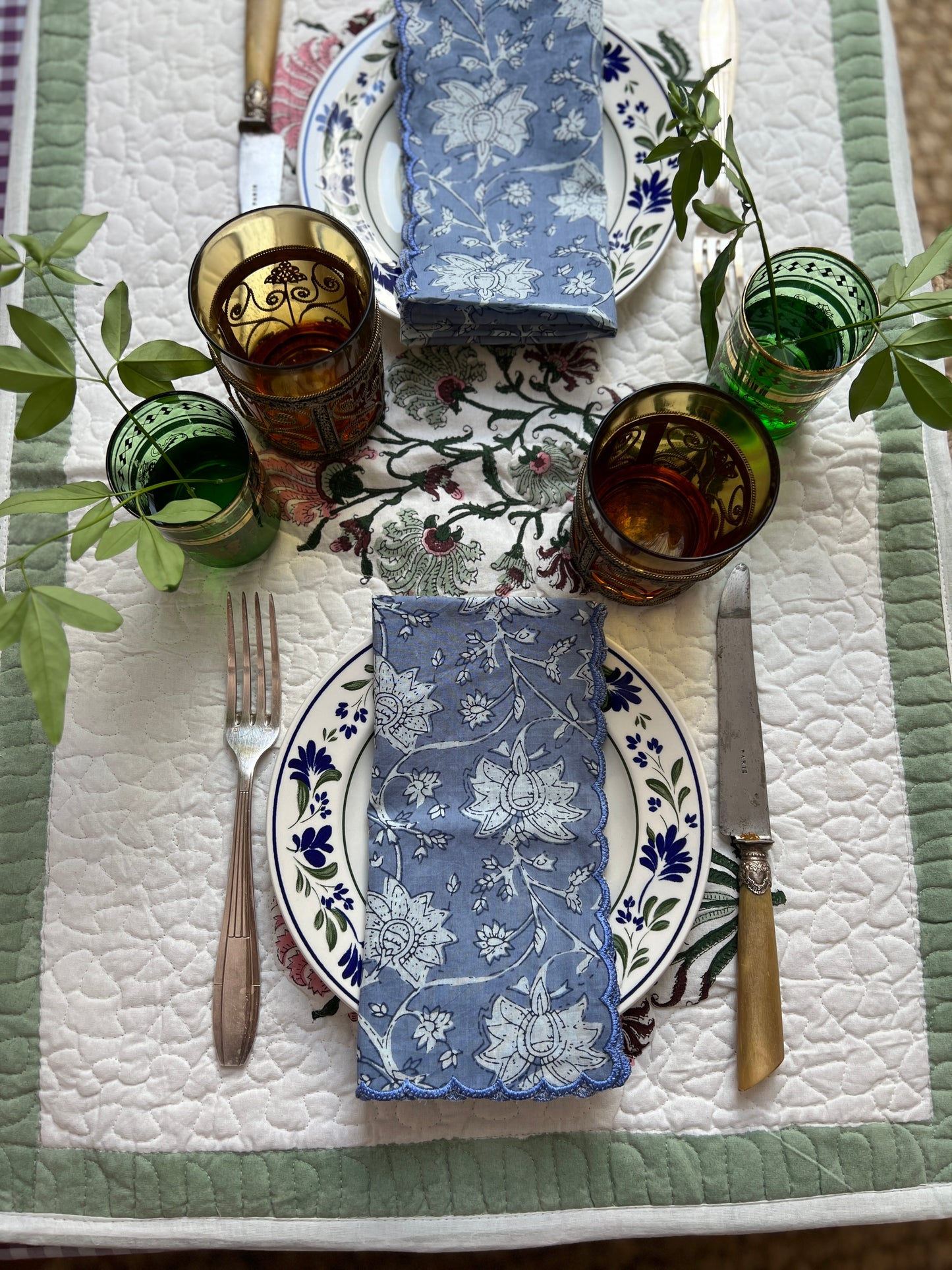 SET OF 2 BLOCK PRINT COTTON NAPKINS WITH SKY BLUE WAVE FESTON